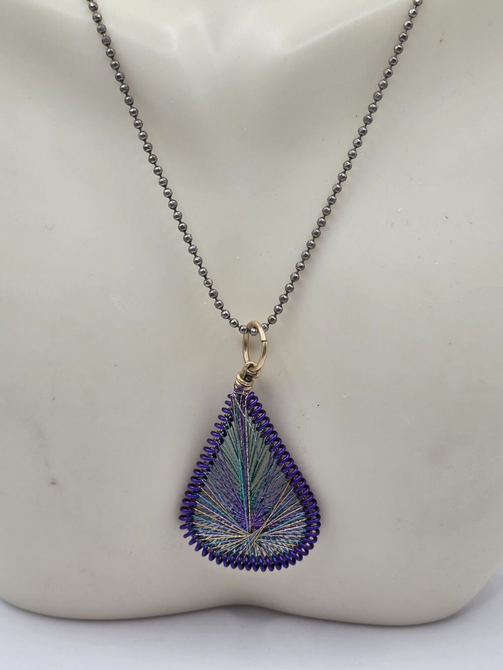 Fiber Art Teardrop Pendant on Iridescent Ball Chain 18" Pendant 1 1/2"